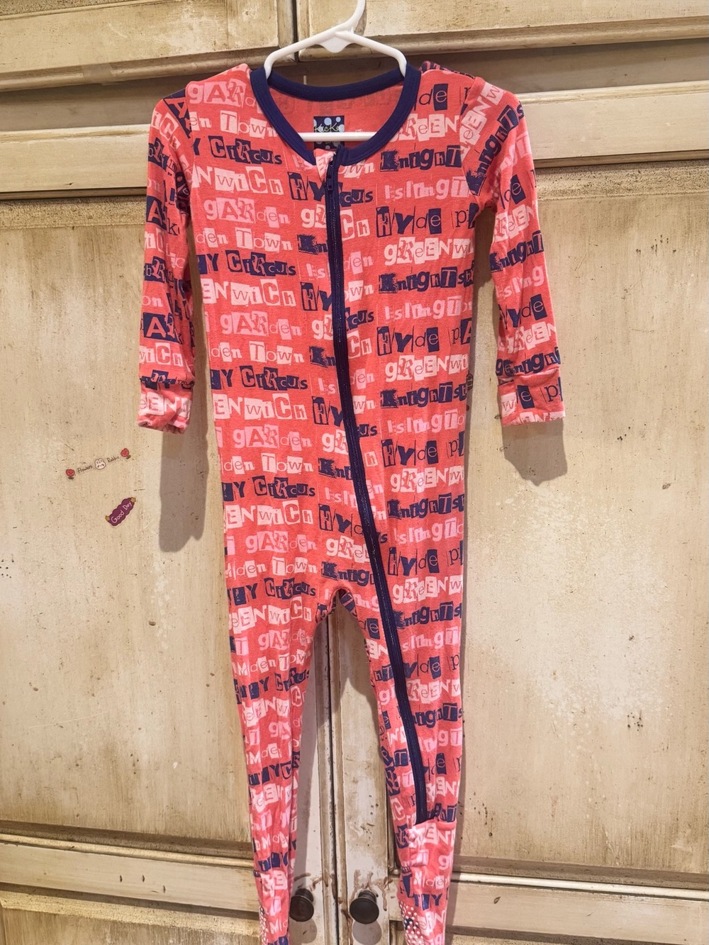 Kickee Pants Coral Pink Graphic Zipper Footie with Navy Trim
